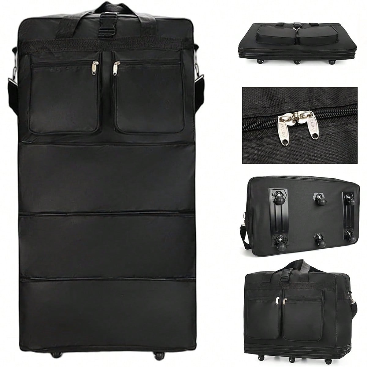 Foldable Rolling Luggage Bag - Mala de viagem preta com rodinhas,